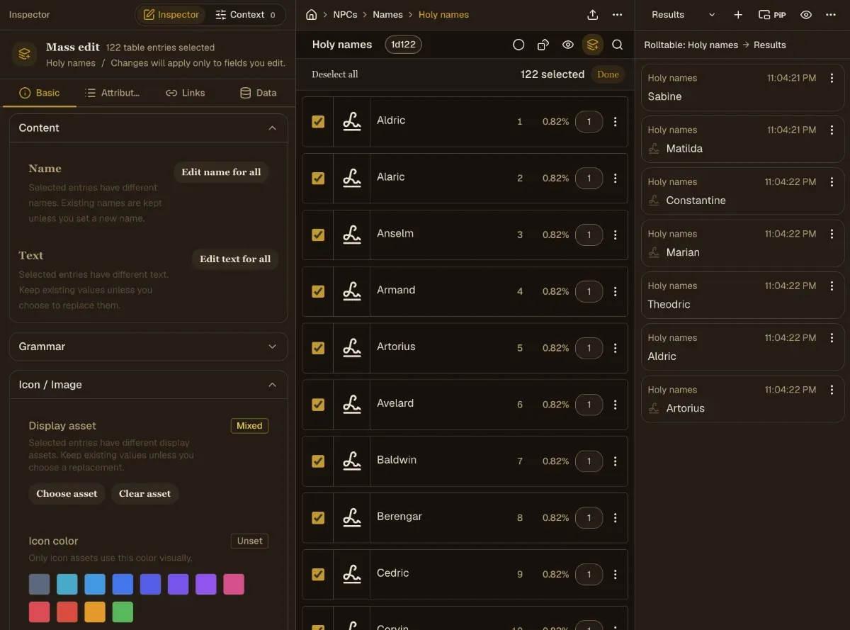 Mass Edit controls beside 122 selected entries in the Holy names rolltable