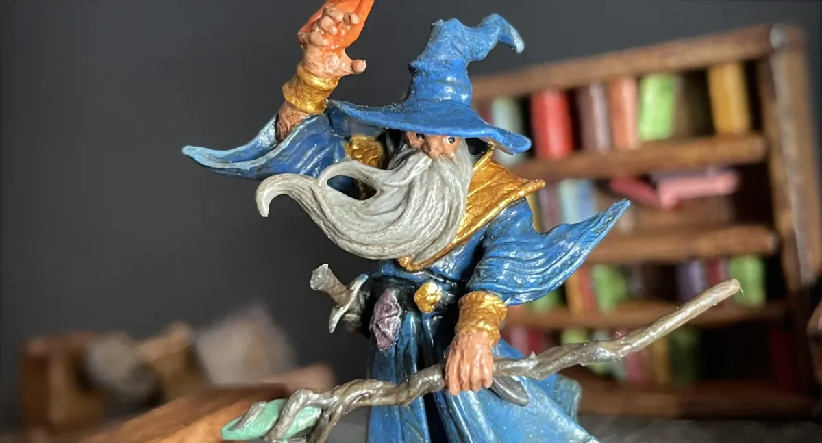 Close-up of the finished Cornelius Greathat wizard miniature