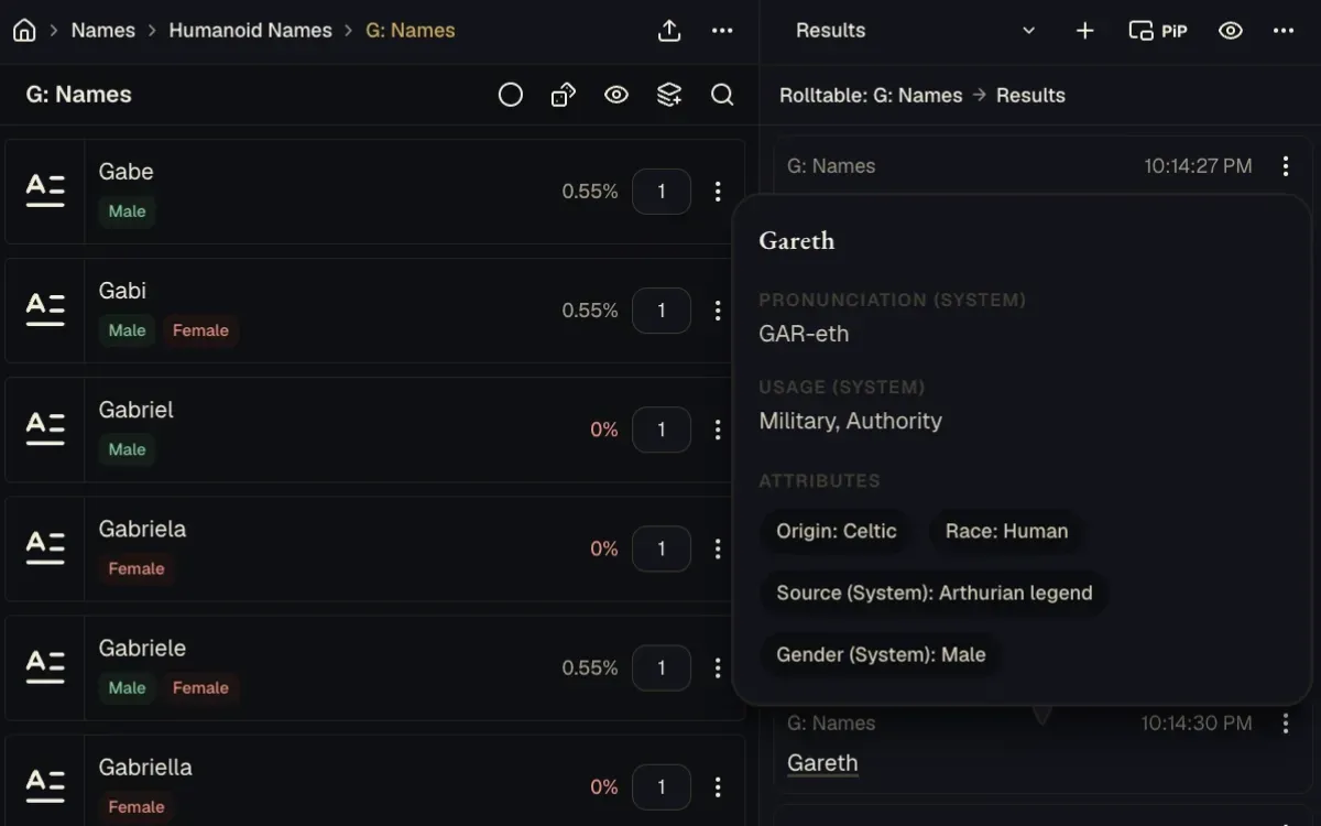 Generated name result with pronunciation, usage, and attributes